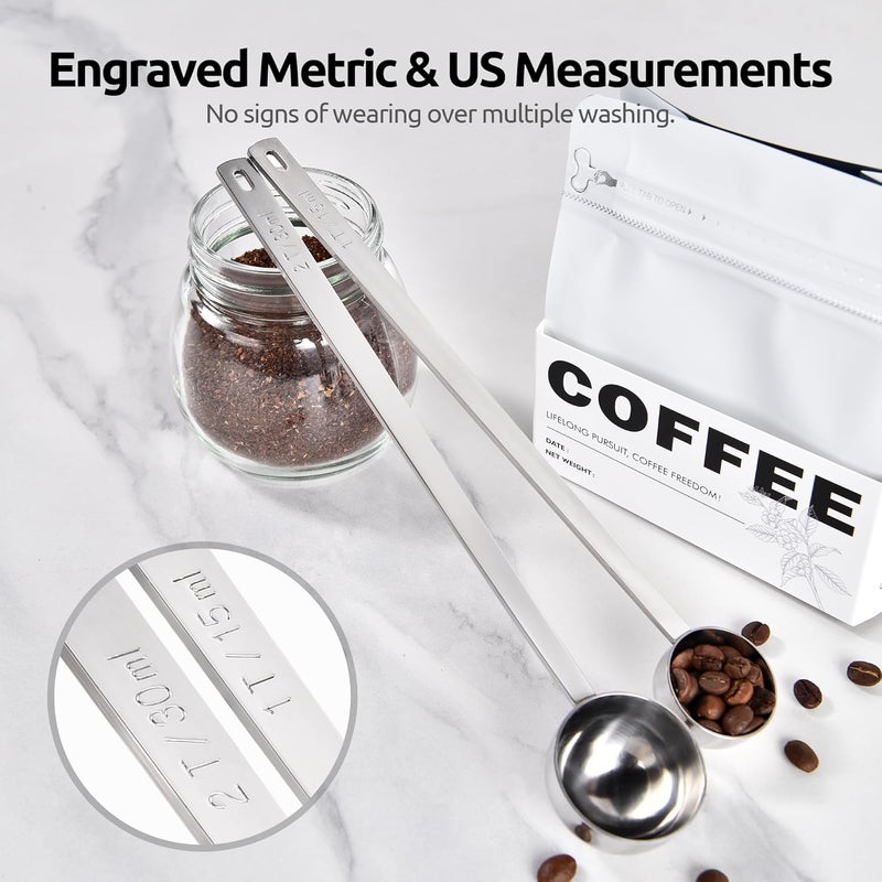 UTaste Coffee Scoop 1&2 Tablespoon: 18/8 Stainless Steel Measuring Scooper for Ground Coffee, Bean, Powder, Espresso, 8.5in Long Handle Metal Meaure Spoon for Canister, Jar (1&2Tbsp/15&30ml, Silver) - Image 4
